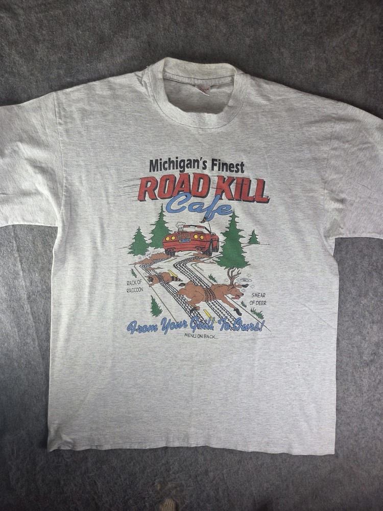 Vintage Michigan’s Finest Roadkill Cafe Shirt Size XL Gray Single Stitch USA