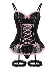 Sexy Mesh Corset Ruffle Lace Up Underwire Sheer Garter Belt Babydoll Lingerie…