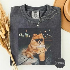 Funny Pomeranian Drinking Iced Coffee Shirt, Animal Meme Tee T-Shirt