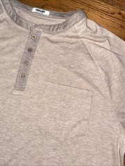 Coofandy Men’s Large Khaki Oatmeal Heather Short Sleeve Henley Stretch Shirt EUC