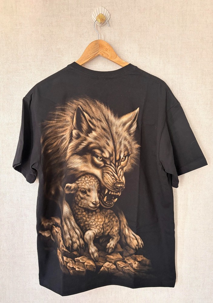 Hand Painted T-Shirt Wolf and Lamb Bleach Art Unique Handmade Size XL