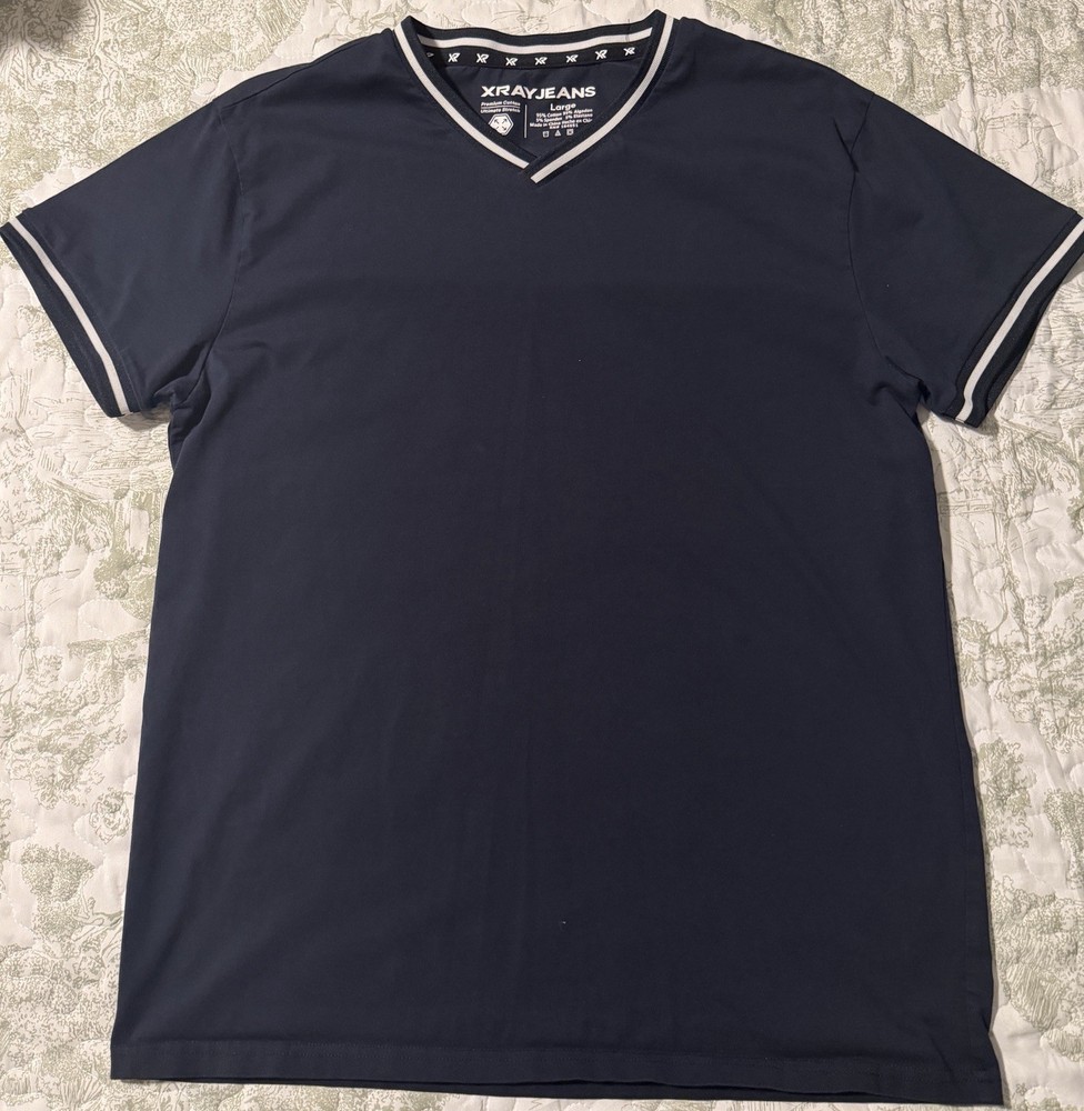 XRAY JEANS Men’s Navy V-Neck Cotton Short Sleeve T-Shirt Contrasting Trim Size L