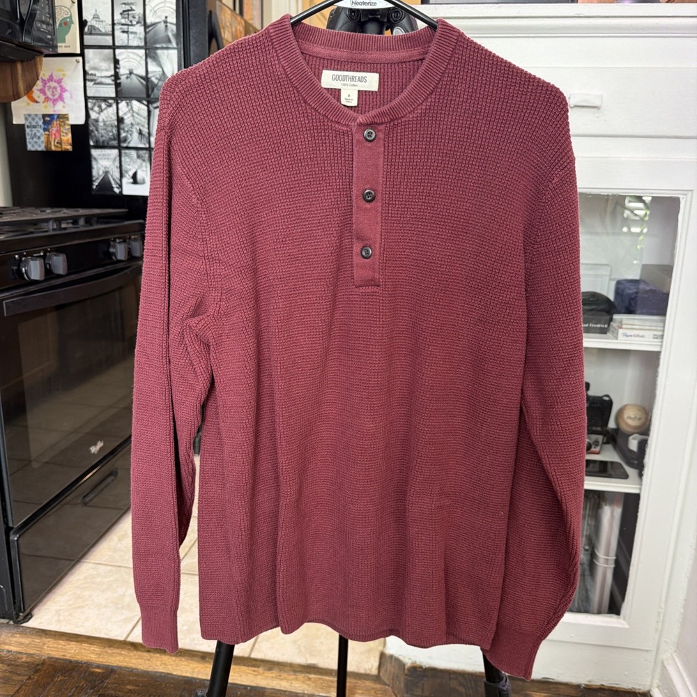 Goodthreads Waffle Knit Henley Long Sleeve Cotton – Red (Small)
