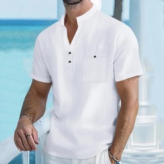 Men’s Cotton Linen Henley Shirt Breathable Summer Casual Fit Tee Tshirt Fun Gift