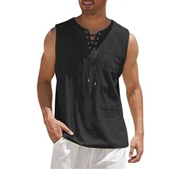 Men’s Cotton Linen Sleeveless Tank Top Retro Lace Up V Neck Summer Shirt