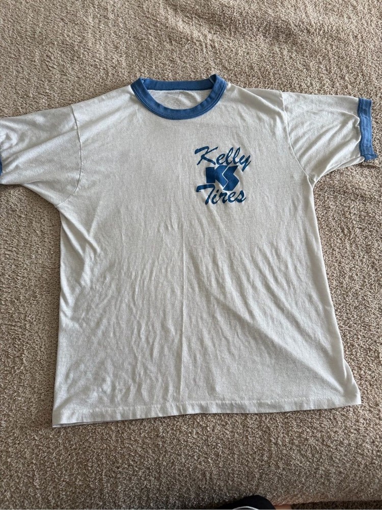 ⁠Vintage Kelly Tires Ringer T-Shirt 80s 90s Retro Automotive Graphic Tee Large