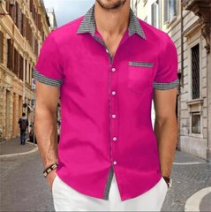 Camisa Con Botones Elegante De Manga Corta Para Hombres Sólida Cuello Levantado