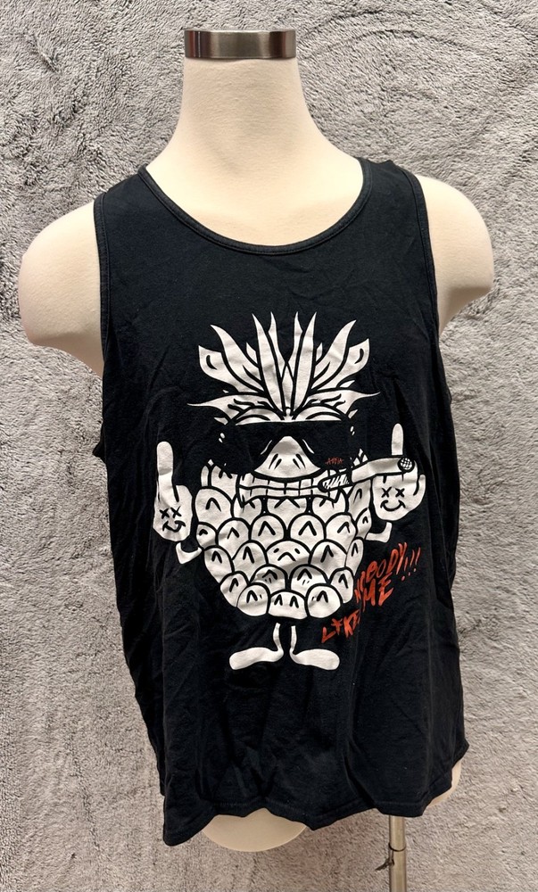 Vintage Y2K Funny Pineapple Graphic Tank Top Black Gildan 2XL “Nobody Likes Me”