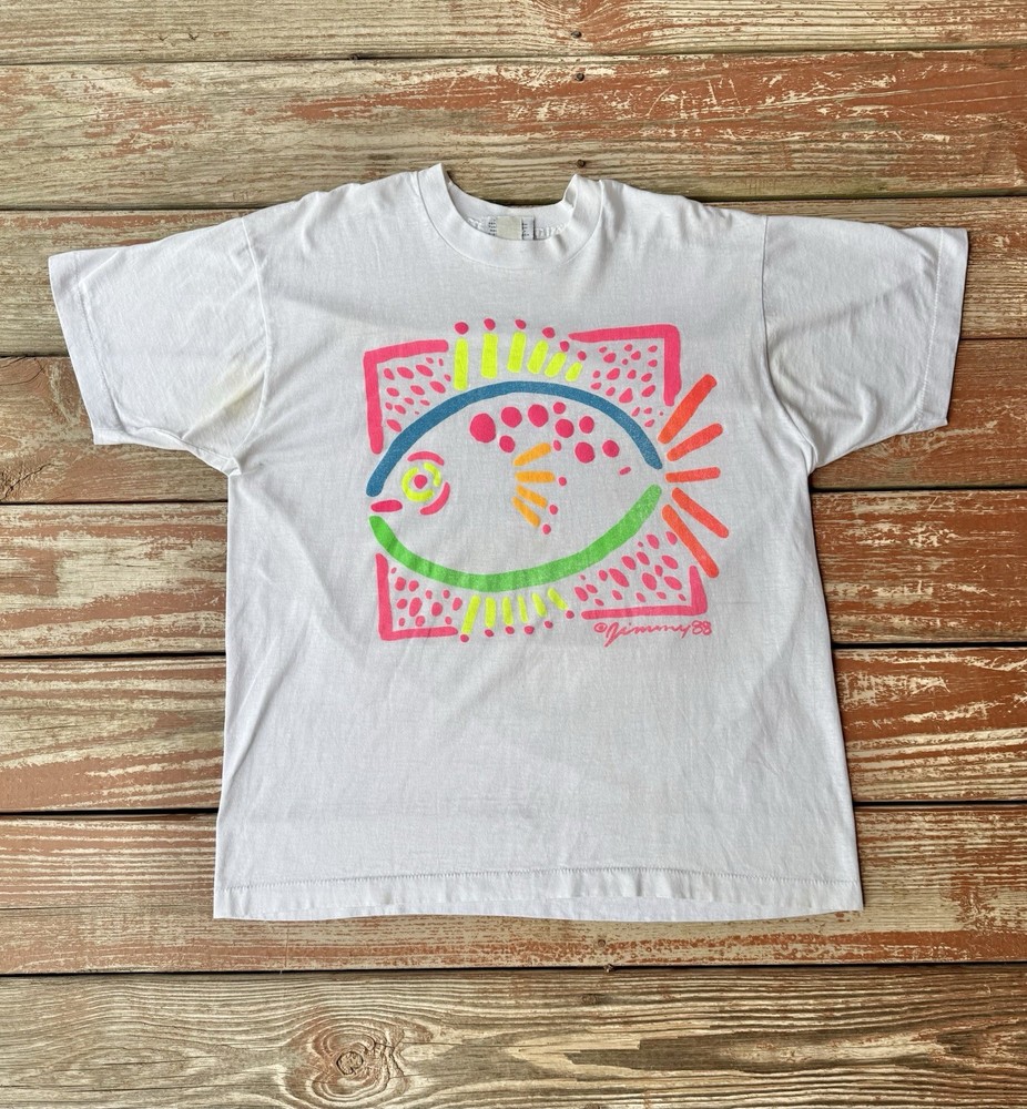 Vintage 80s Nature/Art T-Shirt Mens XL White Single Stitch Colorful Fish 1988