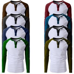 Mens Casual Long Sleeve T-shirt Henley Grandad V Neck Button Solid Tee Shirt Top
