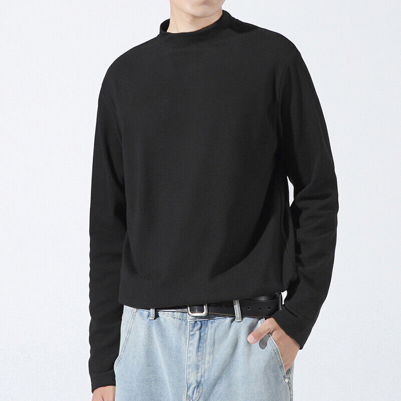 Spring Men Retro Half-Turtleneck Warm Long Sleeve Tee Solid Color T Shirt Tops