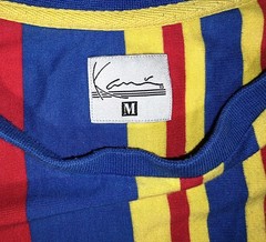 Karl Kani Vintage T-Shirt M Unisex Vertical Stripes Blue Red Yellow Embroidered