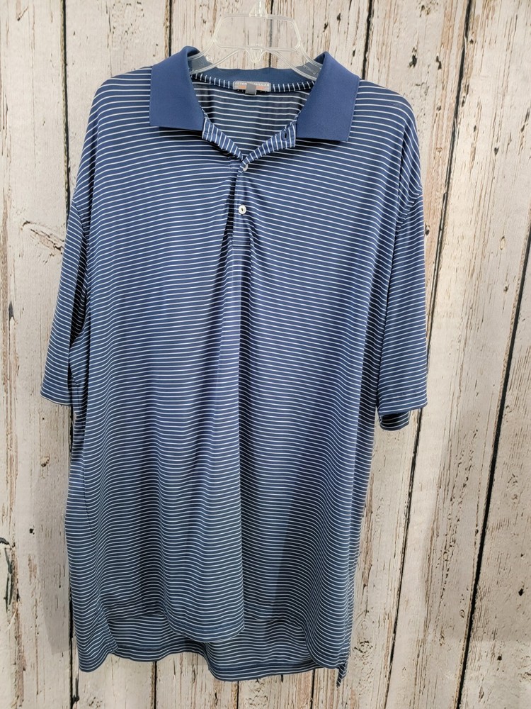 Peter Millar XL Summer Comfort Navy Blue Striped Polo Golf Shirt Performance EUC
