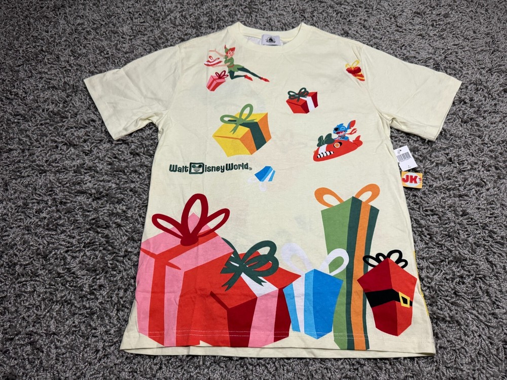 NEW Disney Shirt Adult Small Beige Red Mickey Mouse Stitch Peter Pan Christmas