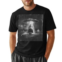 Funny Shark Abduction T-Shirt UFO Alien Vintage Art Sci-Fi Graphic Tee S-5XL