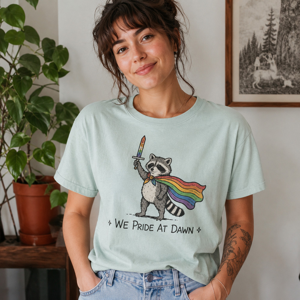 We Pride At Dawn Raccoon Shirt LGBTQ Pride Rainbow Tee
