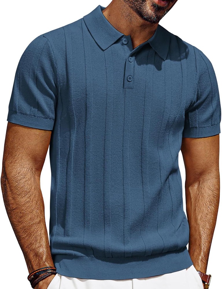 Mens Short Sleeve Polo Shirt Textured Knit Ribbed Casual Golf Style Soft Comfort