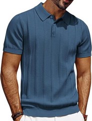 Mens Short Sleeve Polo Shirt Textured Knit Ribbed Casual Golf Style Soft Comfort