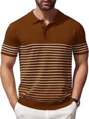 Men’s Striped Knit Polo Shirt Lightweight Short Sleeve Casual Collared Golf Tee