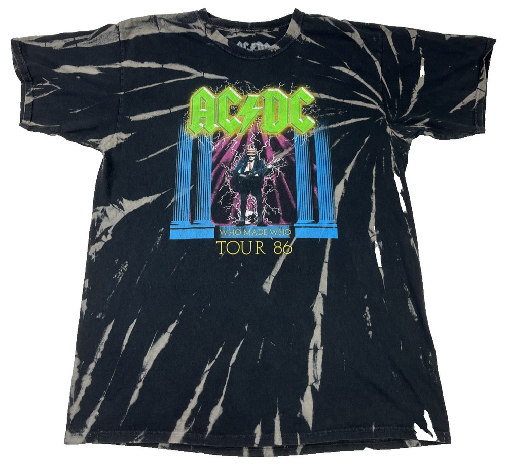 AC DC Shirt L Black Acid Bleach Who Made Who Wash Band Tee Tour 86 Rock Music