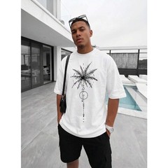 Fractyr Men’s Geometric Palm Tree Double Print Oversized Tee, White Streetwear​