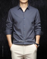 Spring Mens Long Sleeve Shirt Silk Cotton Business Casual Formal Slim Fit Shirts