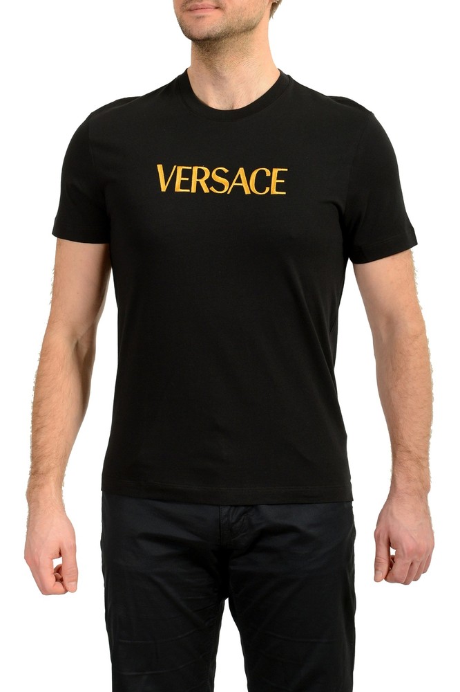 Versace Men’s Black Short Sleeve Gold Logo Embroidery T-Shirt US 2XL IT 56