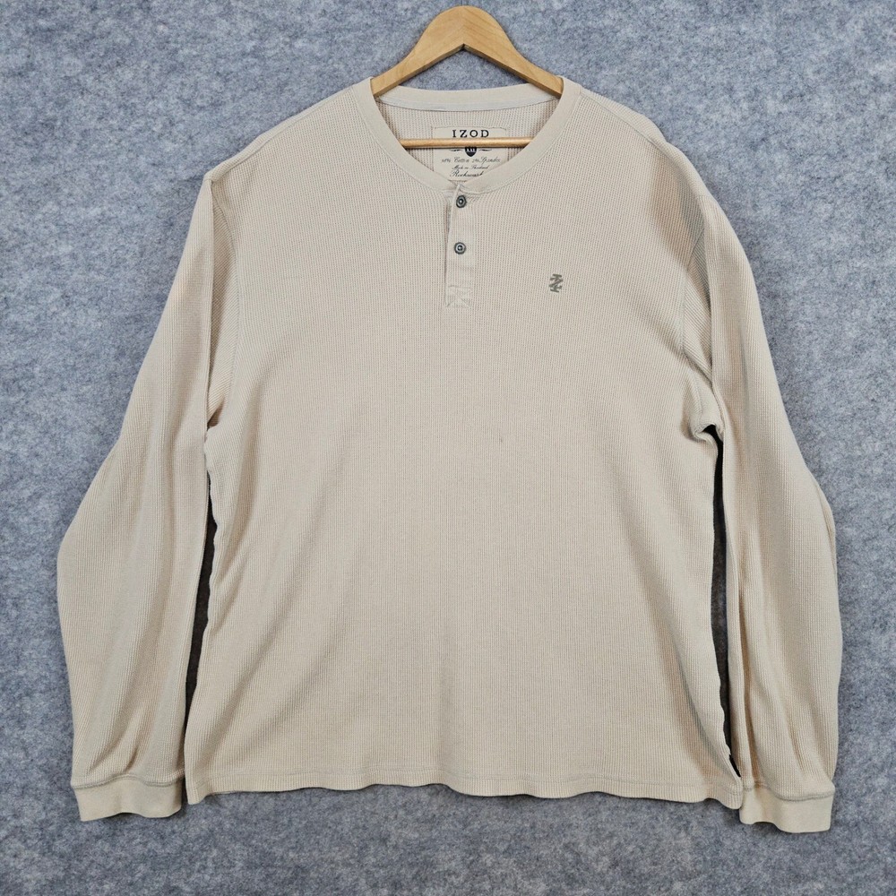 Izod Jeans Rockwashed Men’s Thermal Henley Size XXL Tan Shirt Waffle Knit SPOTS