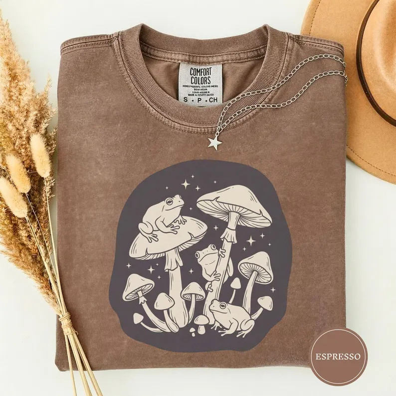 Frogs Mushrooms Line Art Comfort Tee Nature Aesthetic Toad Fungi