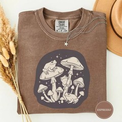 Frogs Mushrooms Line Art Comfort Tee Nature Aesthetic Toad Fungi