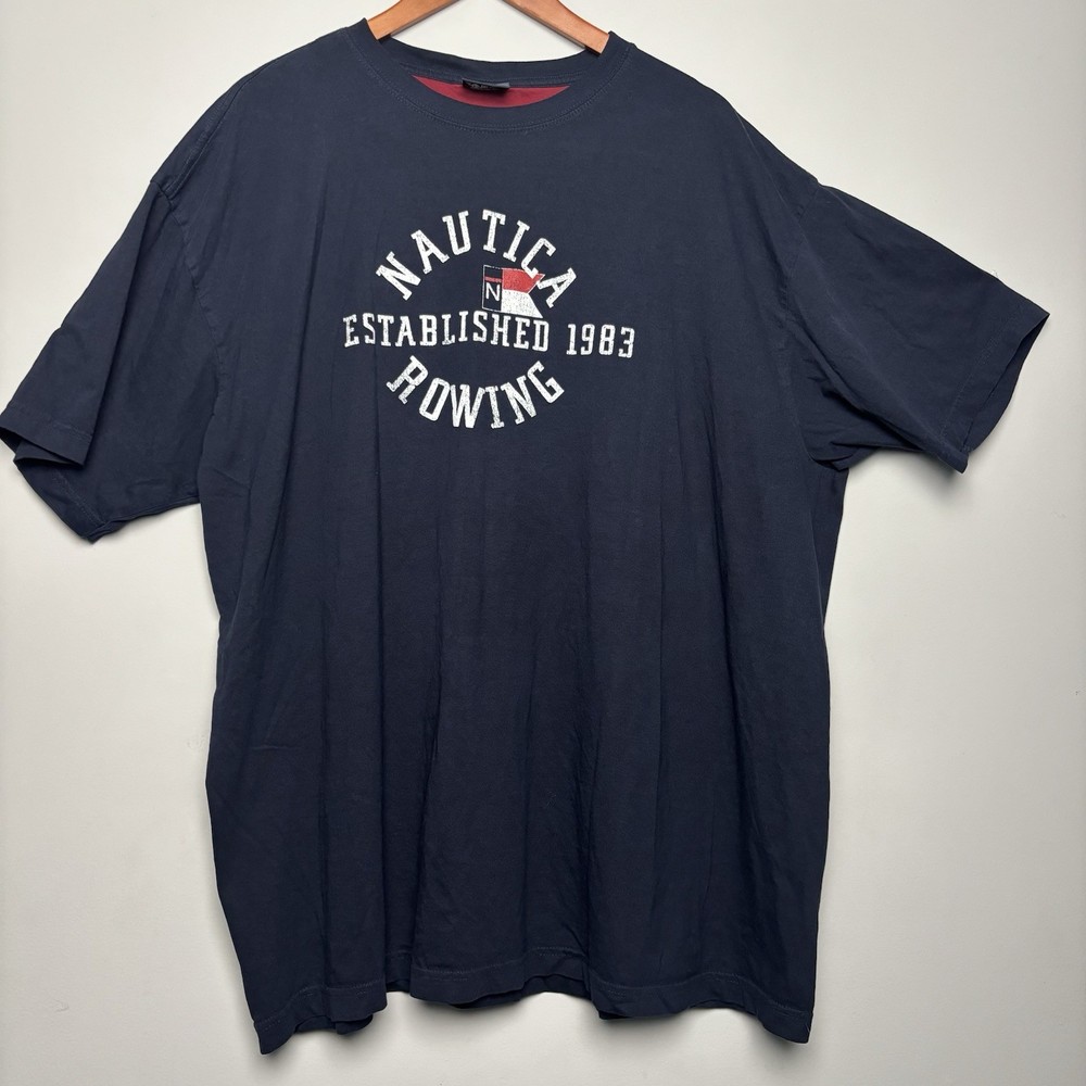 Nautica Rowing Shirt Mens XXL Navy Blue Contrast Collar Graphic Tee Retro Prep