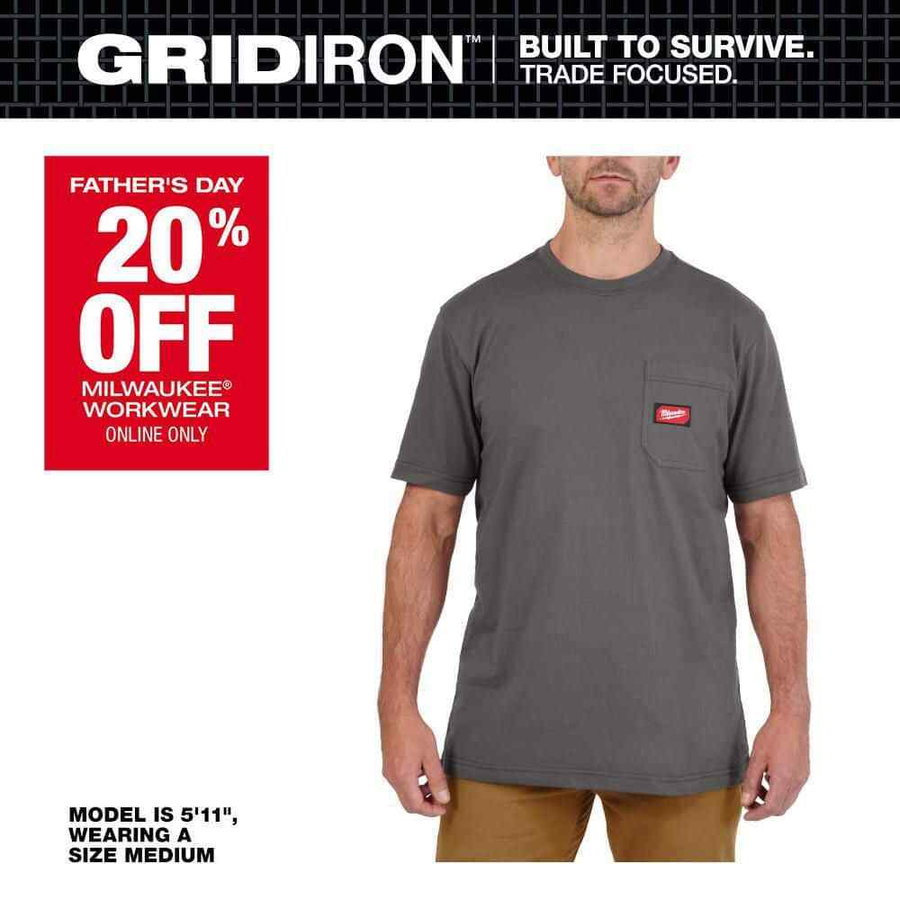 Milwaukee Men’s Large Gray GRIDIRON Cotton/Polyester Short-Sleeve Pocket T-Shirt