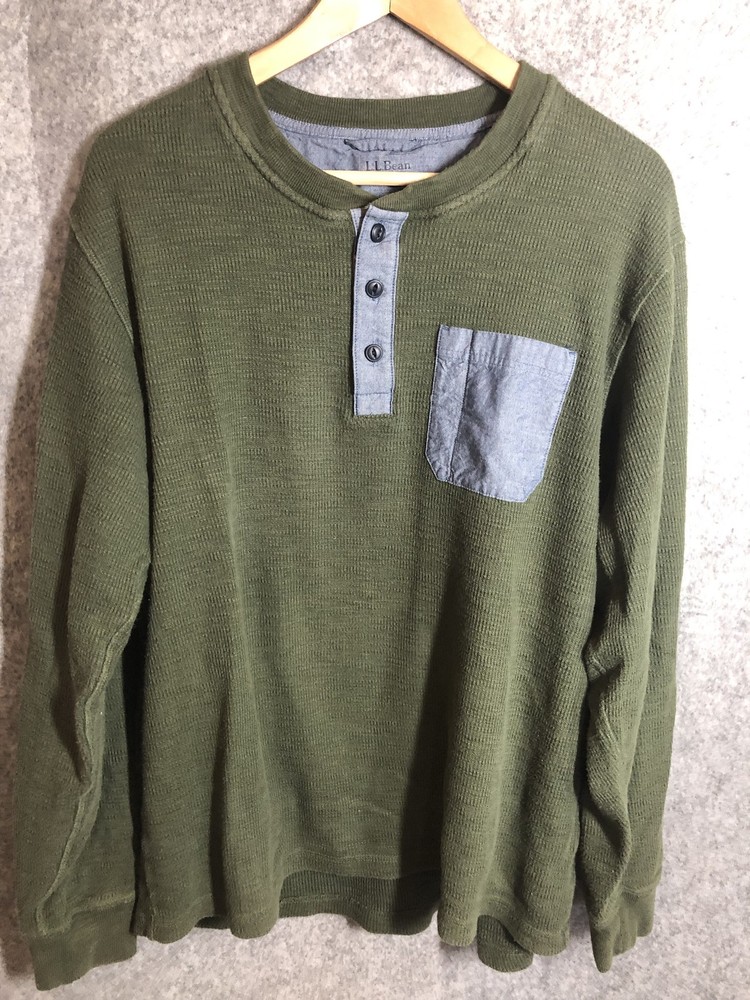 L.L.Bean Shirt Mens Large Green Thermal Henley Work Hike Camp Climb Outdoor