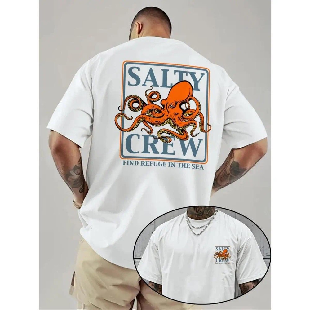 Men’s Octopus Print Round Neck Tee, Fashion Casual Short Sleeve T-shirt