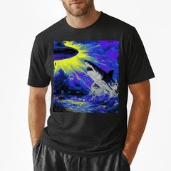 Retro UFO Shark Attack T-Shirt Vintage Sci-Fi Alien Abduction Space Graphic Tee