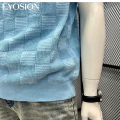 Men Knit Sweater Crewneck T-Shirt Plaid Checkered Casual Short Sleeve Tee Top