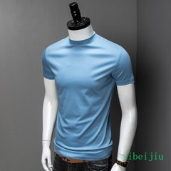 Fashion Summer Men’s Half High Collar Silk Cotton Short Sleeved T-shirt Slim Fit
