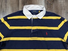 Polo Ralph Lauren Rugby Shirt Mens Large Navy Yellow Striped Pony Classic Fit