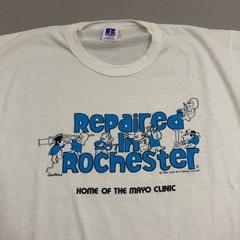 Vintage Russell Athletic Repaired in Rochester Shirt Large White 1988 Paper Thin