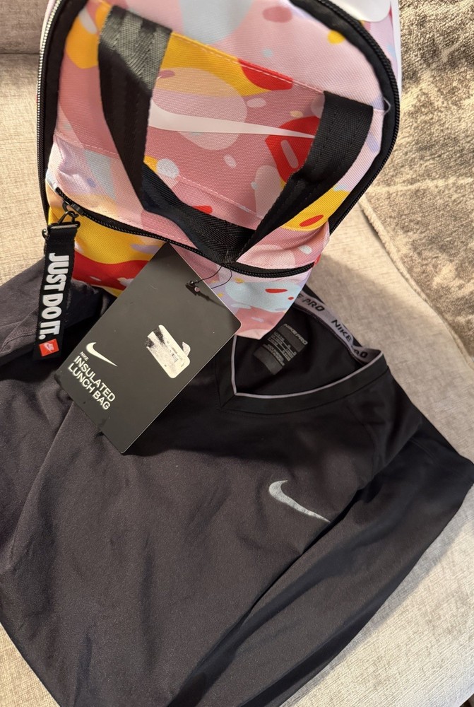 Nike Women’s Blck Dri-FIT Pro Athletic Shirt Size L & New Nike Lunchbox Nice Set