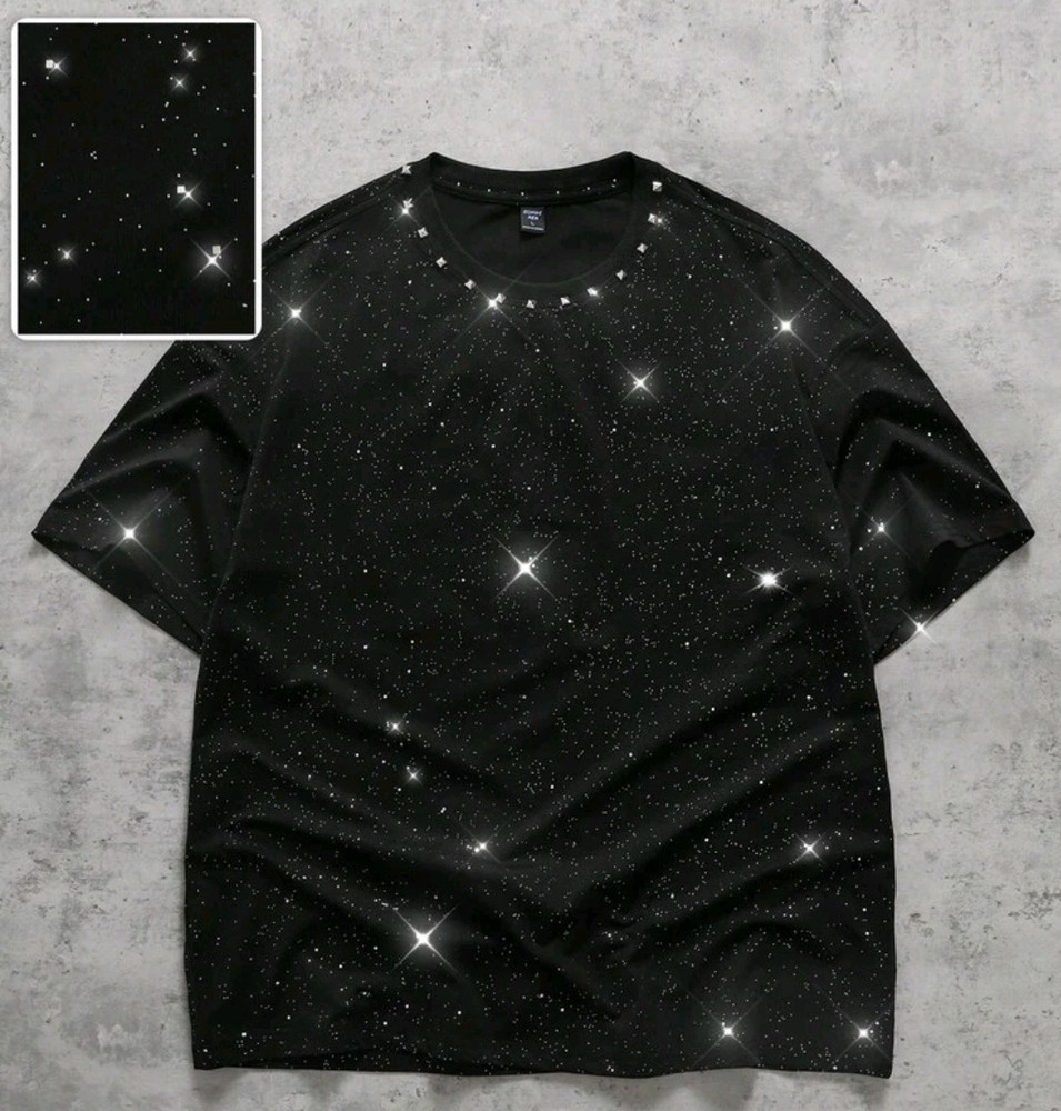 New Men Luxury Sequin Glitter Fashion Black Rivet T-Shirt High Quality