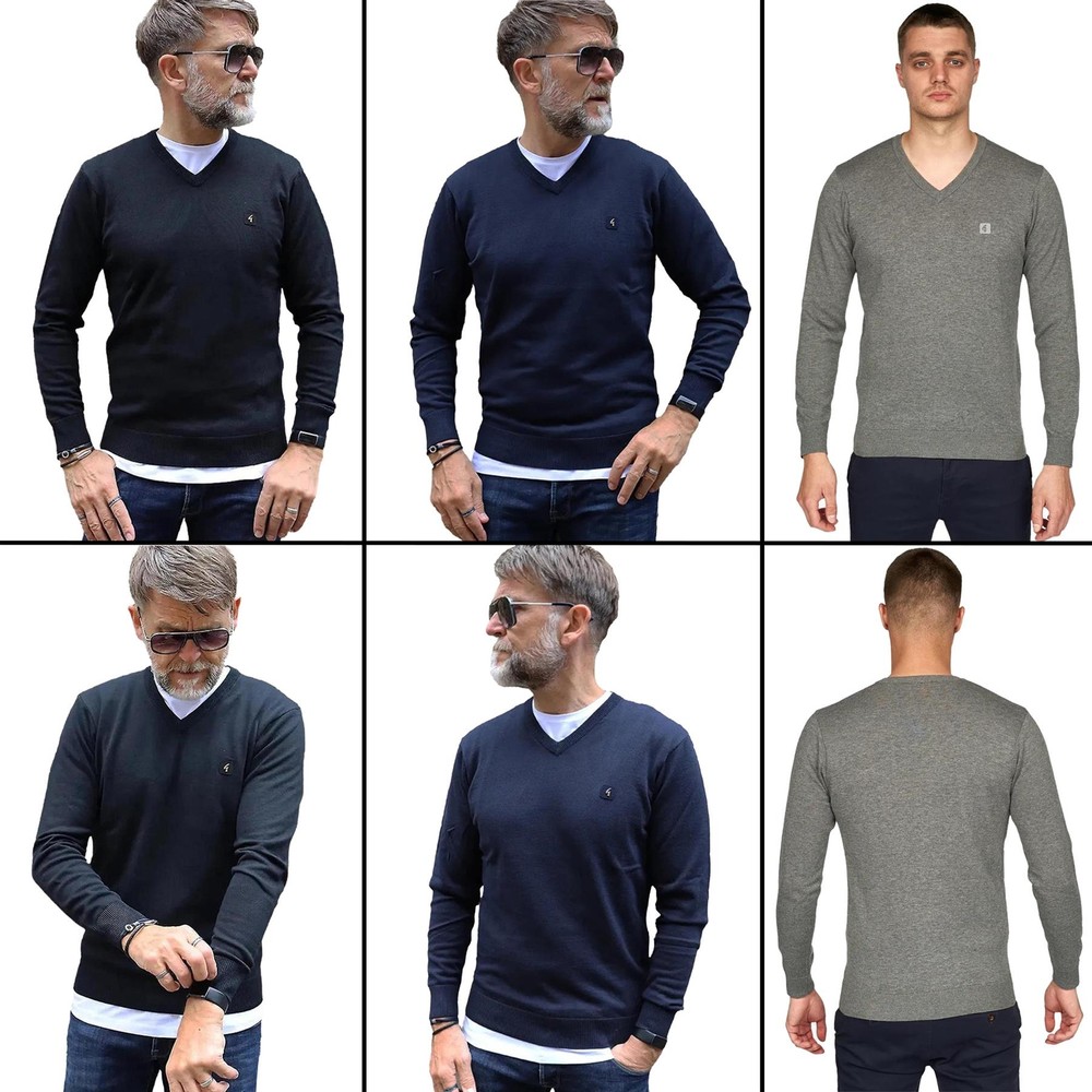 Gabicci Jumper Mens Knitted V-Neck Long Sleeve Plain Warm Mens Pullover Sweater