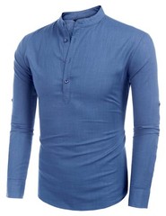 Men’s Cotton Hemp Long Sleeve Casual Beach Henley Shirt(DENIMN BLUE,L)