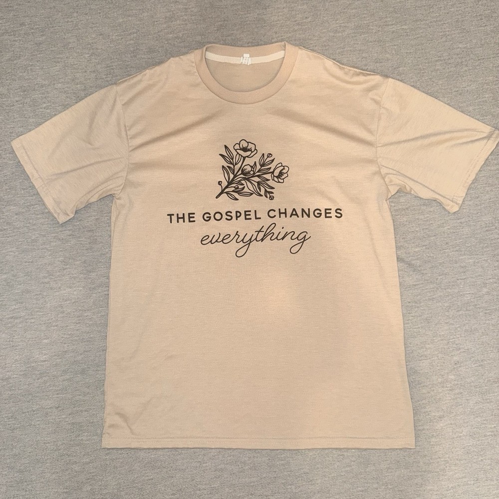 The Gospel Changes Everything Christian Graphic T-Shirt Floral Tan Beige Tee Sm