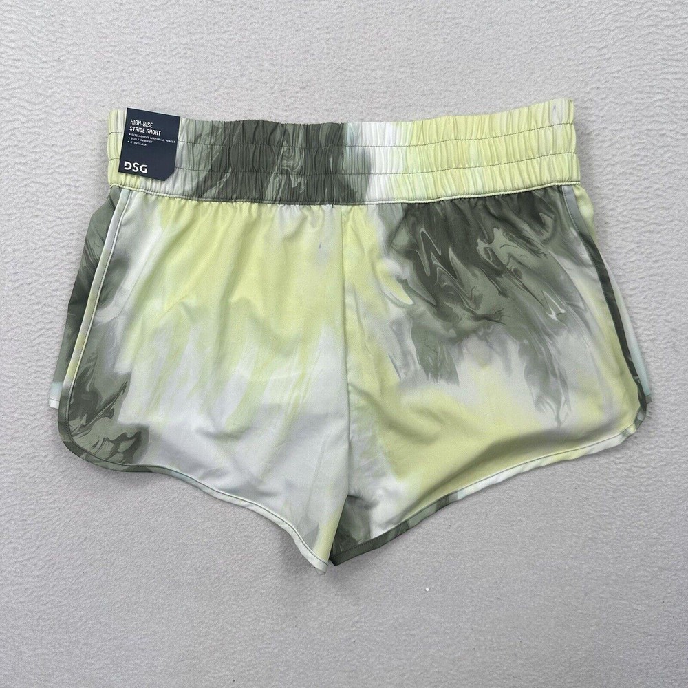 DSG Womens High Rise Stride Run Shorts Green Multi Wash Size L NWT