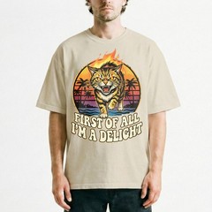 Angry Tiger Fire Eyes Tropical Beach Tee Retro Sunset Palm Trees T-Shirt