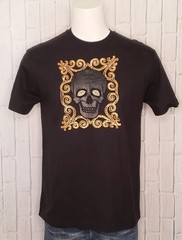 VTG 1990s 90s Y2K Edward Dada Black Leather Applique Skull Embellished Tee Shirt