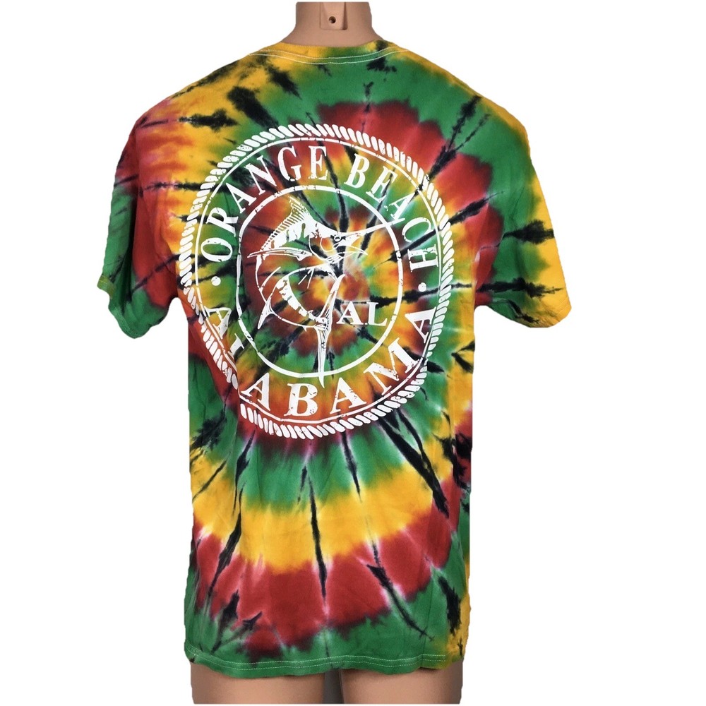 VTG 90s Orange Beach Alabama Vacation Tee Tie-Dye All Over Print T-shirt Rasta L