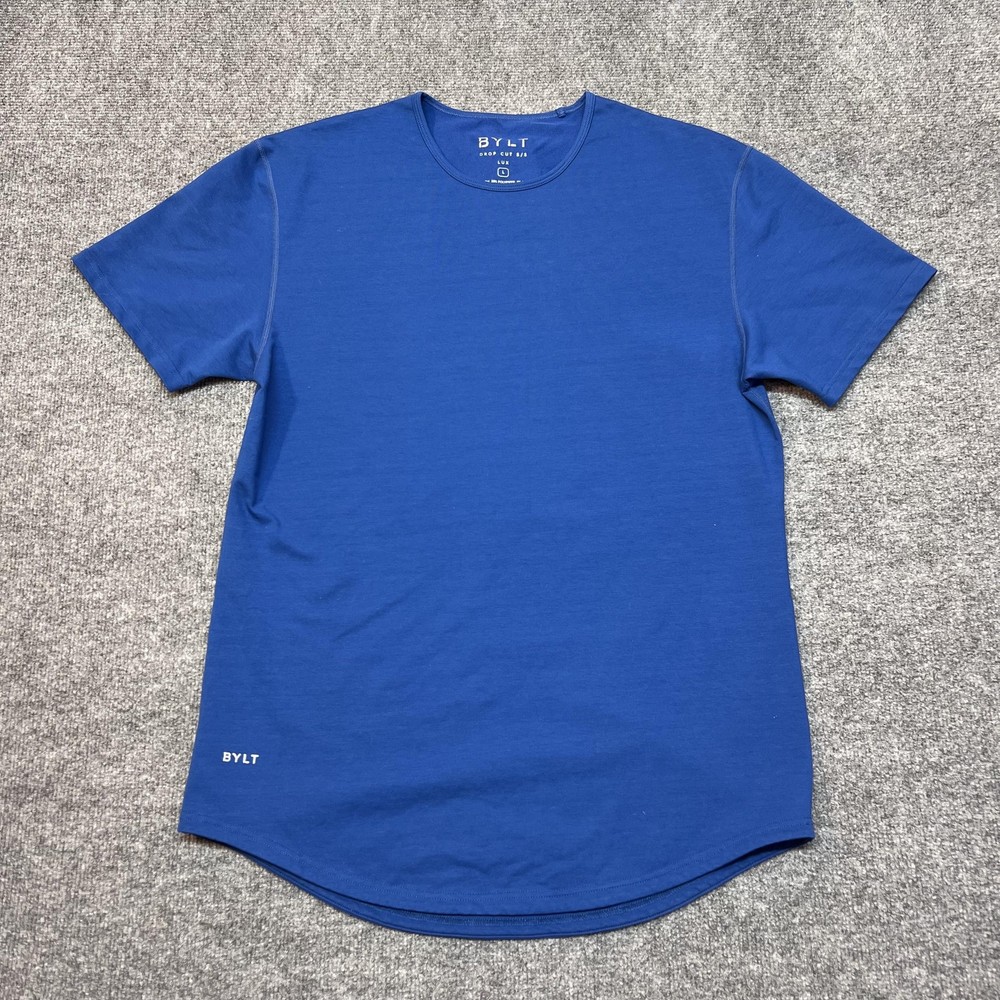 BYLT Shirt Mens Large Blue Drop Cut S/S Lux Curved Hem Stretch Tee Crewneck