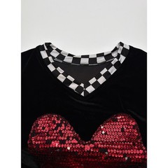 Mens Black Velvet Long Sleeve V Neck Shirt Red Sequin Heart Checkerboard Trim M